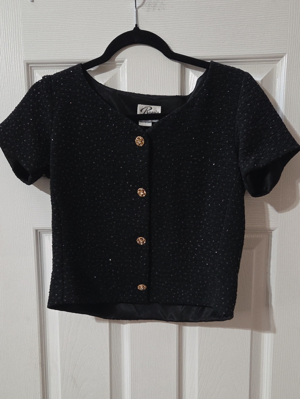 Reggio Black Short Sleeve Sparkle Button Blouse